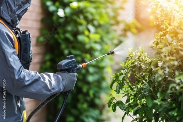 Fototapeta A professional spraying pesticide along the perimeter of a house to prevent ants and cockroaches with copy space. Bright even lighting. 