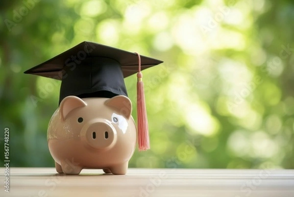 Fototapeta A graduation cap placed on a piggy bank, symbolizing education savings and sponsorship with copy space. Soft diffused lighting. 