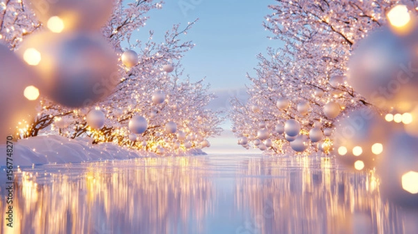 Fototapeta Magical Winter Wonderland with Snow-Covered Trees and Golden Ornaments, Illuminated by Bright Festive Lights Creating a Serene Christmas Atmosphere