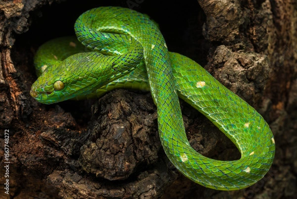 Fototapeta Hagen's pit viper and a dragonfly
