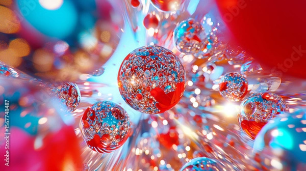 Fototapeta Abstract Shiny Spheres and Neon Light Reflections, Creating a Surreal and Colorful 3D Visual Environment with Dynamic Light Play