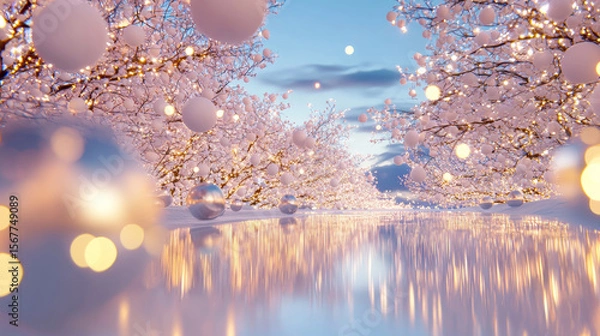 Fototapeta Magical Winter Wonderland with Snow-Covered Trees and Golden Ornaments, Illuminated by Bright Festive Lights Creating a Serene Christmas Atmosphere