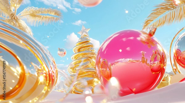 Fototapeta Festive Holiday Scene with Shiny Pink and Gold Ornaments, Christmas Tree and Palm Trees, Creating a Bright and Surreal Celebration Atmosphere