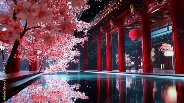 Fototapeta Traditional Asian Interior with Cherry Blossoms, Red Lanterns, and Glowing Reflections, Creating a Serene and Elegant Celebration Space