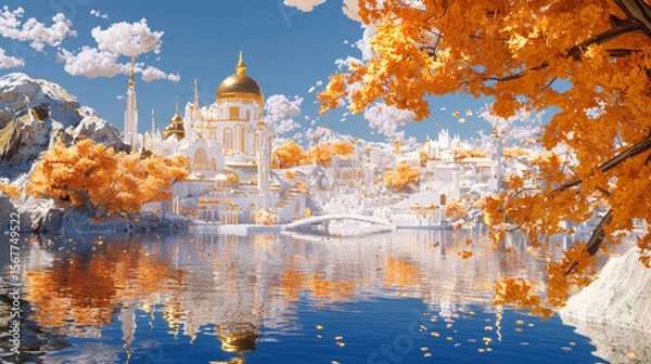 Fototapeta Dreamlike Autumn Landscape with Golden Trees and White Architecture Reflected on Calm Water, Serene Fantasy Scene Under a Clear Blue Sky