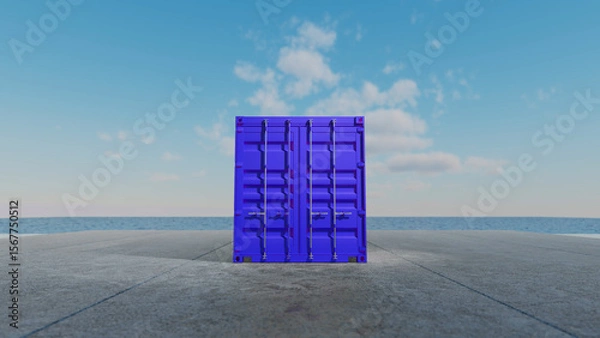 Fototapeta Bright purple intermodal container standing on a concrete wharf facing the sea under partially cloudy sky, representing global trade and logistics