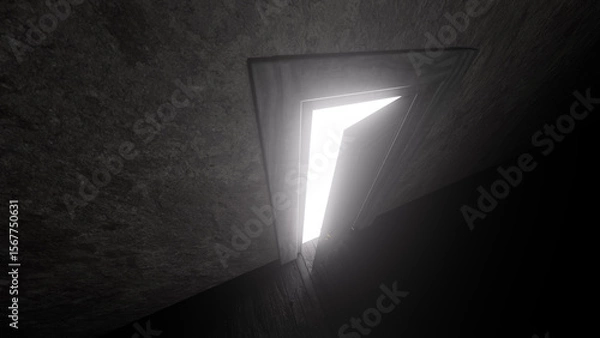 Fototapeta Mysterious door opening in a dark room, revealing a bright white light and creating a powerful sense of hope, opportunity, and escape from the shadows of uncertainty