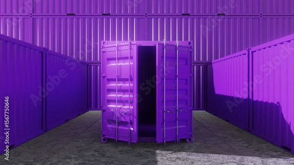 Fototapeta Open purple shipping container stands in a storage yard, surrounded by closed purple containers, creating a striking visual contrast and suggesting mystery or opportunity