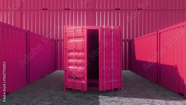 Fototapeta Open pink shipping container stands in a storage yard, surrounded by closed containers of the same color, creating a striking visual contrast