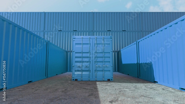 Fototapeta Light blue cargo container resting in an empty shipping yard, surrounded by stacks of containers awaiting loading and transport, highlighting the logistics of global trade