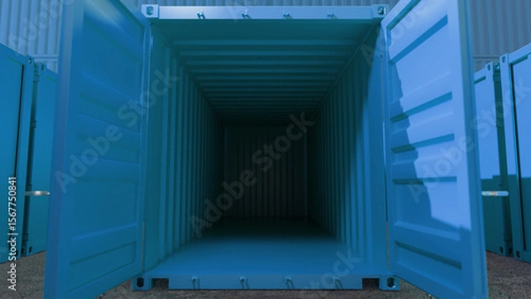 Fototapeta Open empty blue shipping container standing in a storage yard with other containers, ready to be loaded with goods for international transport