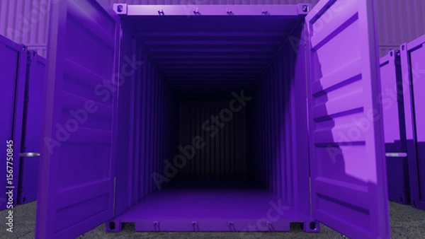 Fototapeta Open purple shipping container positioned in a storage yard, surrounded by other containers, symbolizing global trade, logistics, and the transportation of goods across borders