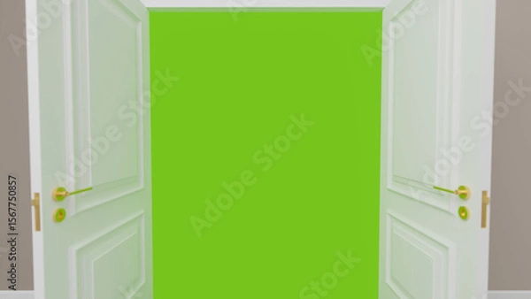 Fototapeta Classic white double doors with elegant golden handles opening to reveal a vibrant green screen background, ideal for keying and compositing in various creative projects