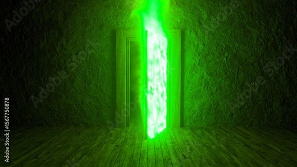Fototapeta Mysterious green light is shining through an open door in a dark room with wooden floor and stone walls, creating a supernatural and spooky atmosphere