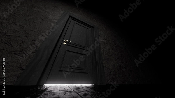 Fototapeta Slightly open black door allowing a mysterious, bright light to spill into a dark room featuring stone walls and a wooden floor, hinting at secrets and new possibilities