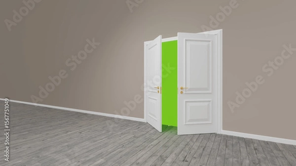 Fototapeta Classic white double door slightly open revealing a vibrant green screen backdrop in a minimalist room with gray wooden floor and taupe walls, ideal for virtual backgrounds and compositing