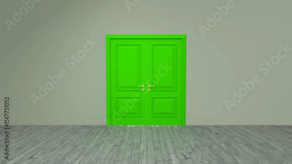 Fototapeta Vibrant green double door stands closed in a minimalist room with a gray wall and wooden floor, creating a striking contrast and suggesting a sense of mystery or anticipation