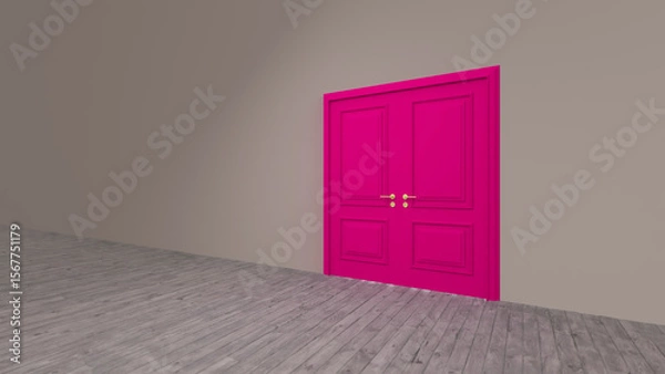 Fototapeta Vibrant pink double door stands in a minimalist room with a gray wall and wooden floor, creating a striking contrast and suggesting a transition or new opportunity
