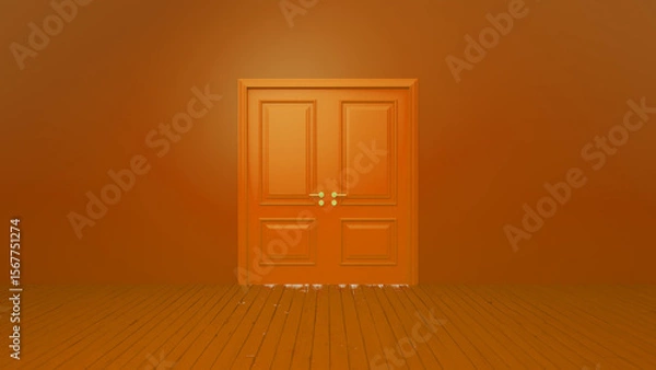Fototapeta Closed double door with brass handles standing in an orange room with a wooden floor, representing concepts such as mystery, transition, and new beginnings