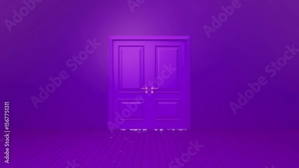 Fototapeta Closed double doors with brass handles in an empty purple room featuring a wooden floor, illuminated by a light beam, evoke mystery and symbolize new opportunities