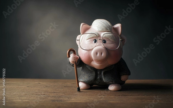 Obraz Elderly Piggy Bank Wearing Glasses And Cane Symbolizes Retirement Savings. Financial Planning