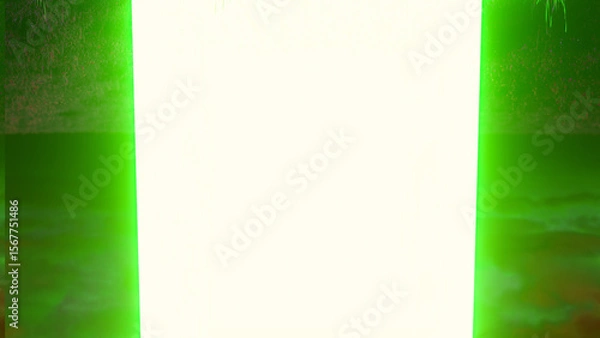 Fototapeta Green glowing rectangular doorway opening into pure white light background with mysterious textured borders, creating a sense of mystery and the unknown