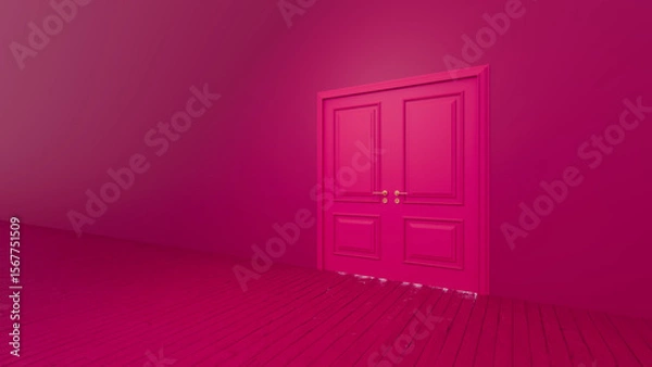 Fototapeta Slightly opened pink double doors with golden handles revealing an empty pink room featuring a wooden floor, creating a vibrant and surreal atmosphere full of possibilities