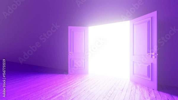 Fototapeta Bright light streaming through open double doors illuminates a purple room with a wooden floor, evoking a mysterious and surreal atmosphere filled with possibilities and new beginnings