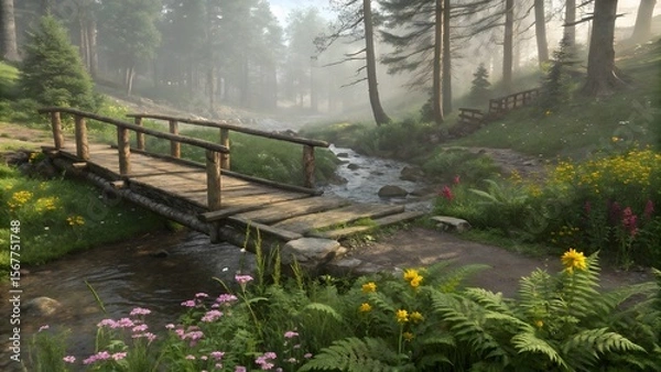 Obraz Serene Forest Landscape with Wooden Bridge and Flowing Stream