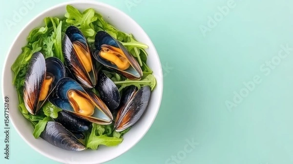 Fototapeta Creative flatlay of mussels plated in an abstract modern style, bold presentation with artistic brushstrokes of sauce and scattered herbs, styled for visual impact and high engagement