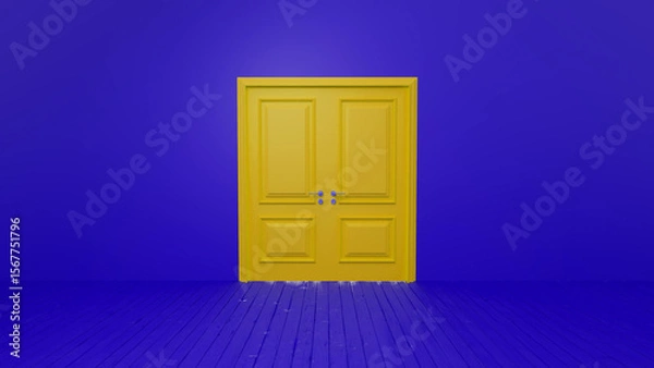 Fototapeta Yellow double doors standing in a vibrant blue room with a wooden floor, creating a striking contrast and surreal atmosphere, inviting thoughts of opportunity and new beginnings