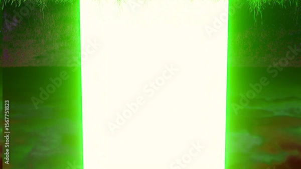 Fototapeta Bright glowing rectangle opening into white void with green clouds and plants surrounding it, creating a mysterious and otherworldly atmosphere