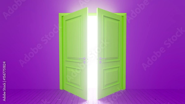 Fototapeta Green double door slightly open revealing a bright white light in a purple room with wooden floor, representing concepts such as opportunity, new beginning, hope, mystery, and fantasy