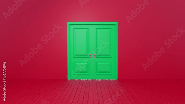 Fototapeta Green double doors standing on a vibrant red wooden floor, contrasting beautifully with the red wall, creating an eye catching and dynamic interior space full of possibilities