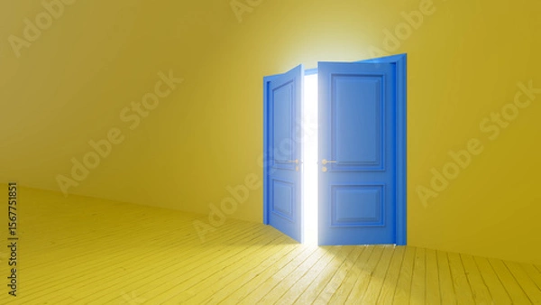 Fototapeta Light streaming through an open blue double door in a yellow room illuminates the yellow wooden floor, creating a hopeful and optimistic atmosphere