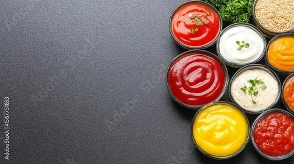 Fototapeta Colorful assorted sauces in small bowls, top view on dark slate background, stylish restaurant serving, space for text or menu layout