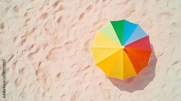 Fototapeta Bright multicolored beach umbrella from above, casting sharp shadows on sand under intense sunlight, summer vacation concept with space for text