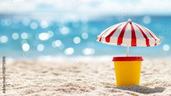 Fototapeta Bright yellow plastic bucket under a red and white striped beach umbrella, sparkling sea reflections in the background, white sand, peaceful summer vacation mood