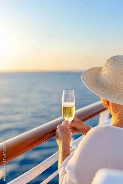 Fototapeta Elegant senior woman in a wide hat holding champagne on a cruise balcony during golden hour, facing the ocean, luxurious travel vibe with soft light and clear space for editorial text