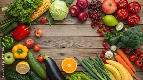 Obraz Fresh Fruits and Vegetables Arranged on Rustic Wooden Table