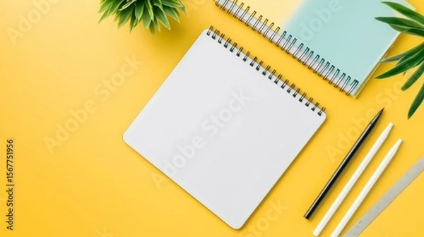 Fototapeta Flat lay workspace with tablet, stylus, and sketchbook on vibrant yellow background, creative setup with copy space