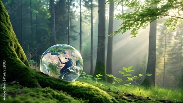 Obraz Earth in a Glass Sphere Surrounded by Lush Green Forest Landscape
