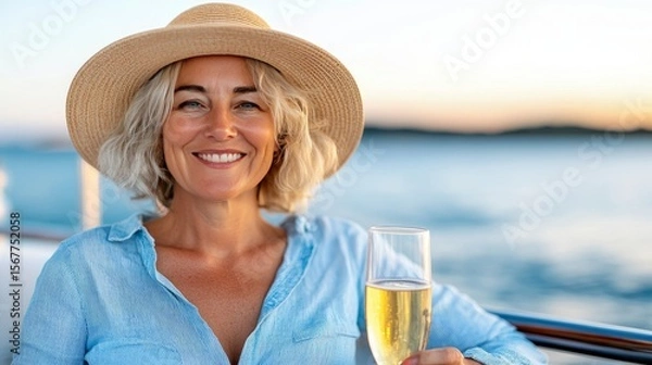 Fototapeta Elegant woman in a hat holding a glass of champagne on a cruise boat, endless ocean horizon and soft golden light, calm and luxurious mood