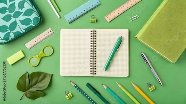 Obraz Green Office Supplies Arrangement with Notebook and Writing Tools