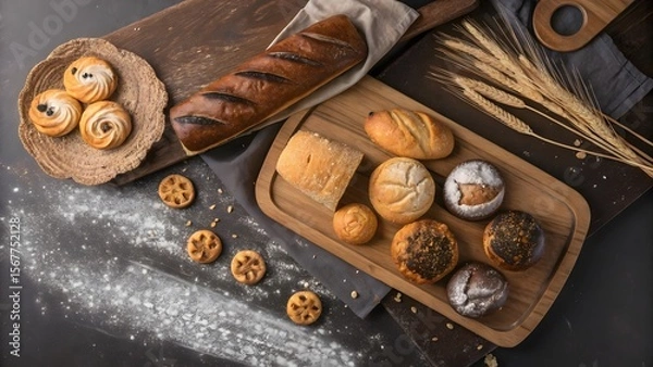 Obraz Freshly Baked Bread and Pastries Displayed on Rustic Wooden Tray