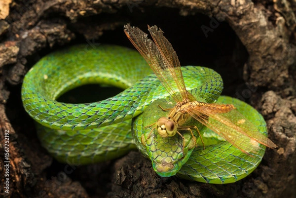 Fototapeta Hagen's pit viper and a dragonfly