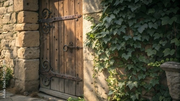 Obraz Rustic Wooden Door Surrounded by Lush Green Ivy Vines in Nature