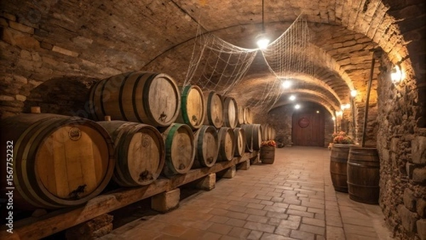 Obraz Rustic Wine Cellar with Wooden Barrels and Atmospheric Lighting
