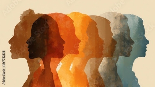 Fototapeta Multiethnic group silhouette in side view representing unity concept for diversity and inclusion projects