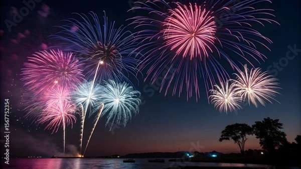 Obraz Colorful Fireworks Display Over Water at Dusk with Starry Sky